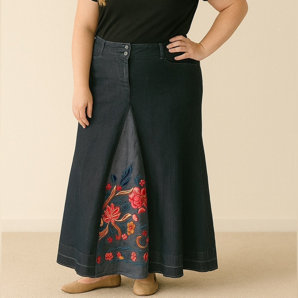 Boho Embroidered Maxi Skirt | Reworked Denim | 12 Short